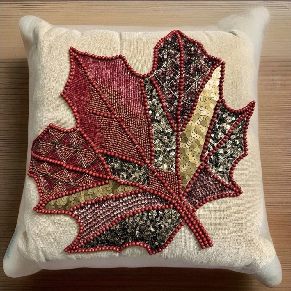 PIER 1 Pillow 15x15 Tan Red Canvas Sequined Beaded Holiday Maple Leaf Fall Decor